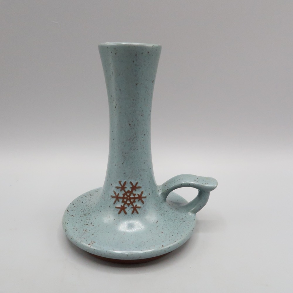 Goss Blue Winter Snowflake Speckled Stoneware Candlestick Vermont USA 5"